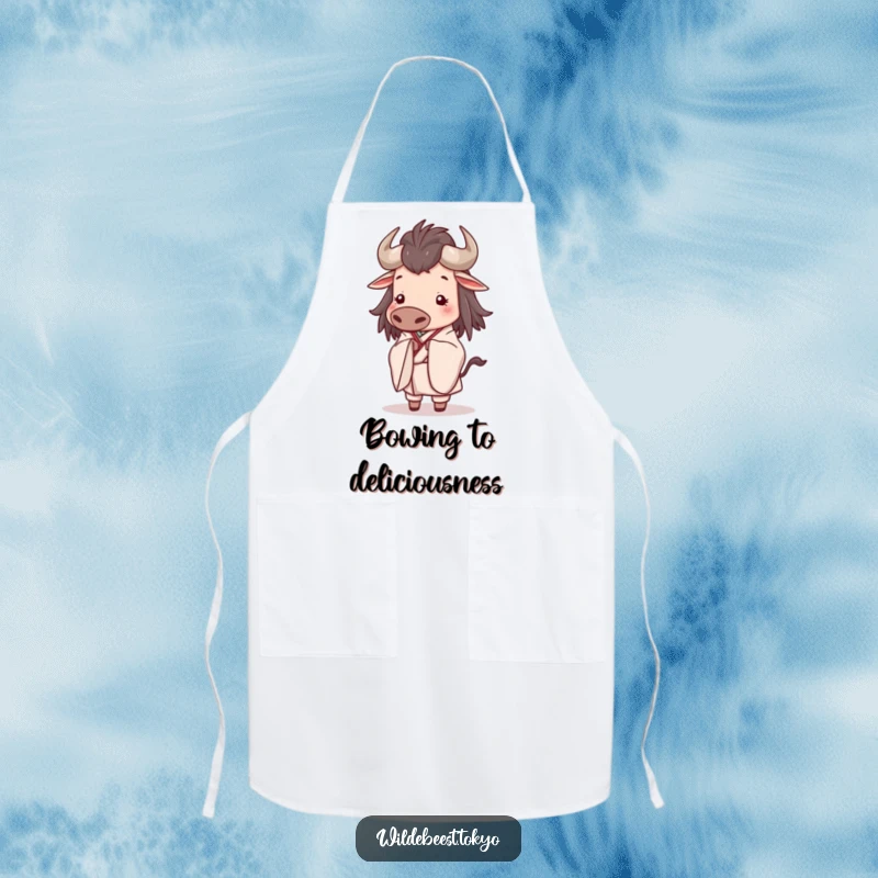 Funny apron showing a happy wildebeest in an elegant kimono, bowing slightly with a serene expression, perfect for a calm kitchen.