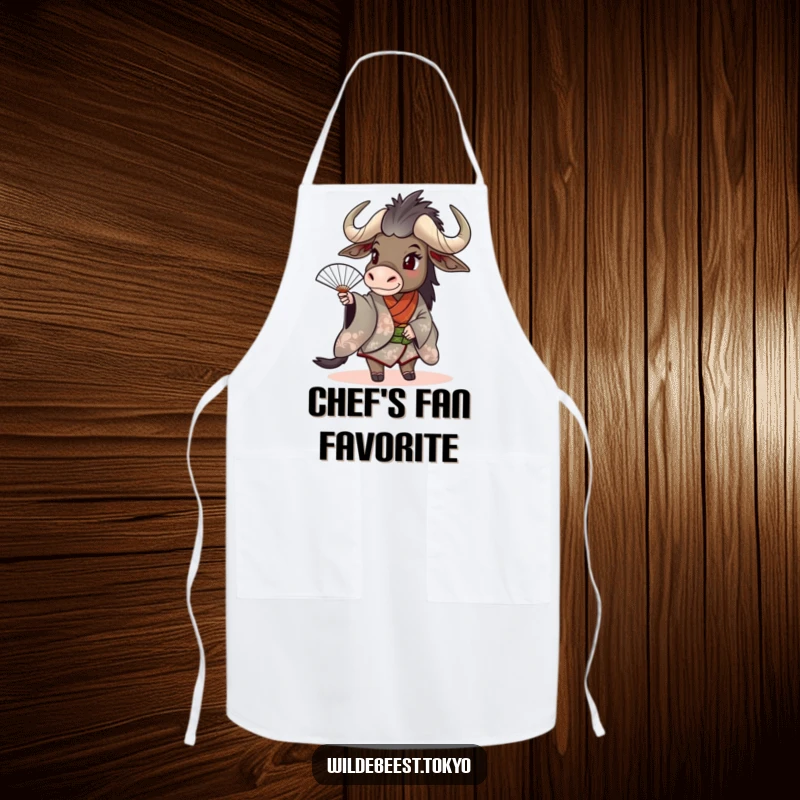 Funny wildebeest in a stylish kimono, playfully spinning a fan, perfect for kitchen tasks on this apron.