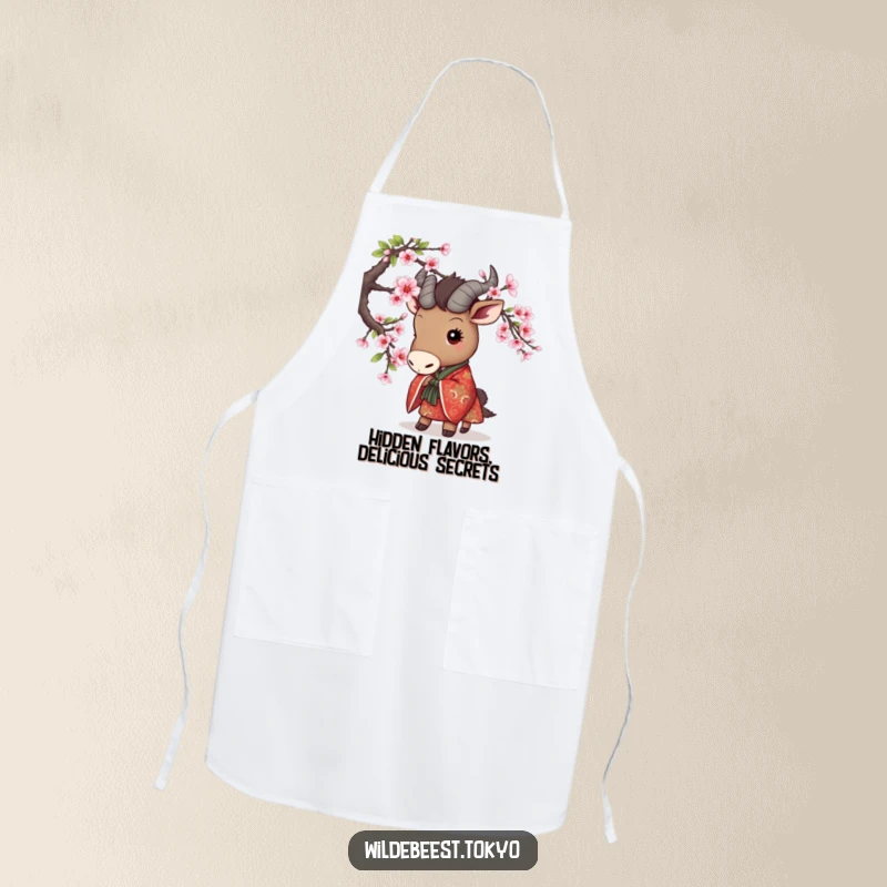 Funny apron showing a cute wildebeest in an embroidered kimono playfully peeking from behind a cherry blossom branch, perfect for kitchens.