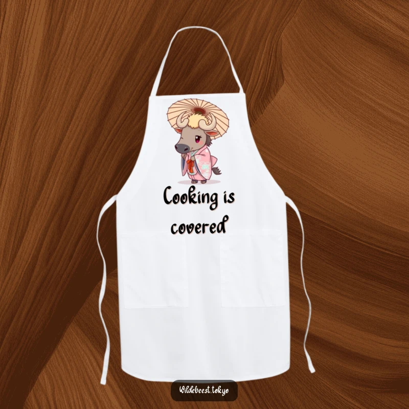 Funny wildebeest in an elegant kimono holding a decorative umbrella, adding sophistication to kitchen tasks on this apron.