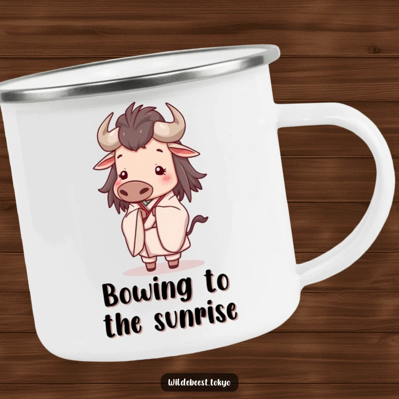 Funny camping mug showing a happy wildebeest in an elegant kimono, bowing slightly with a serene expression, for peaceful outdoor enjoyment.