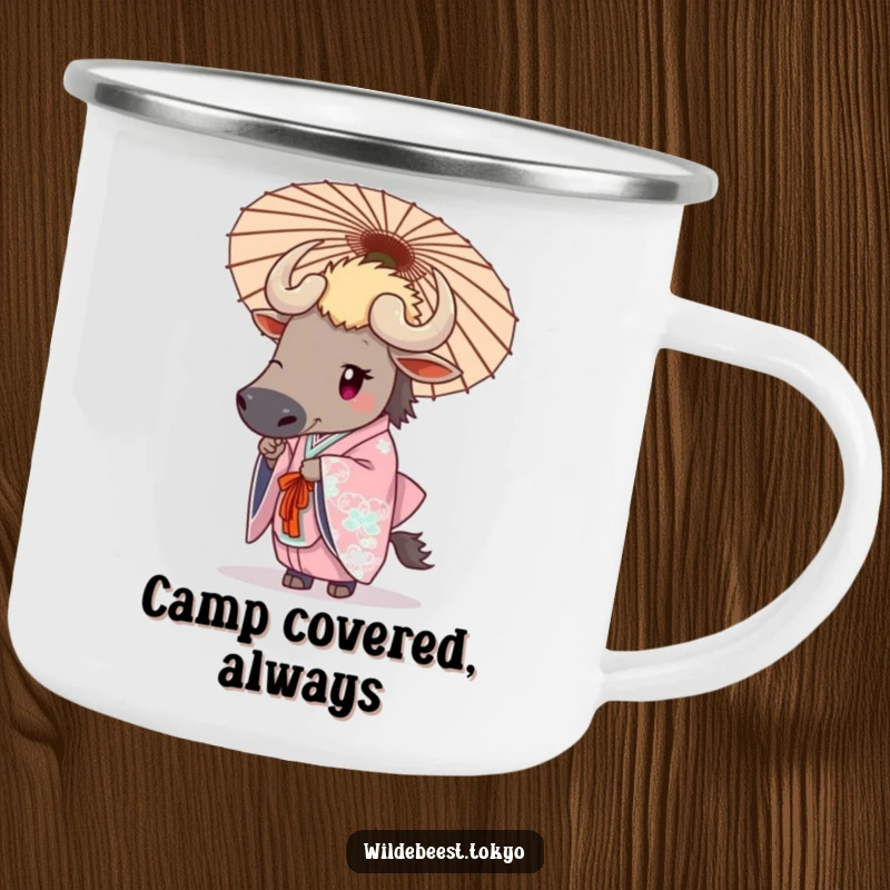 Funny wildebeest in an elegant kimono holding a decorative umbrella, ready for stylish outdoor drinks on this mug.