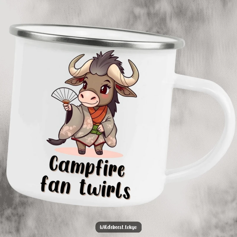 Funny wildebeest in a kimono, spinning a fan with a playful attitude, ready for outdoor fun on this mug.