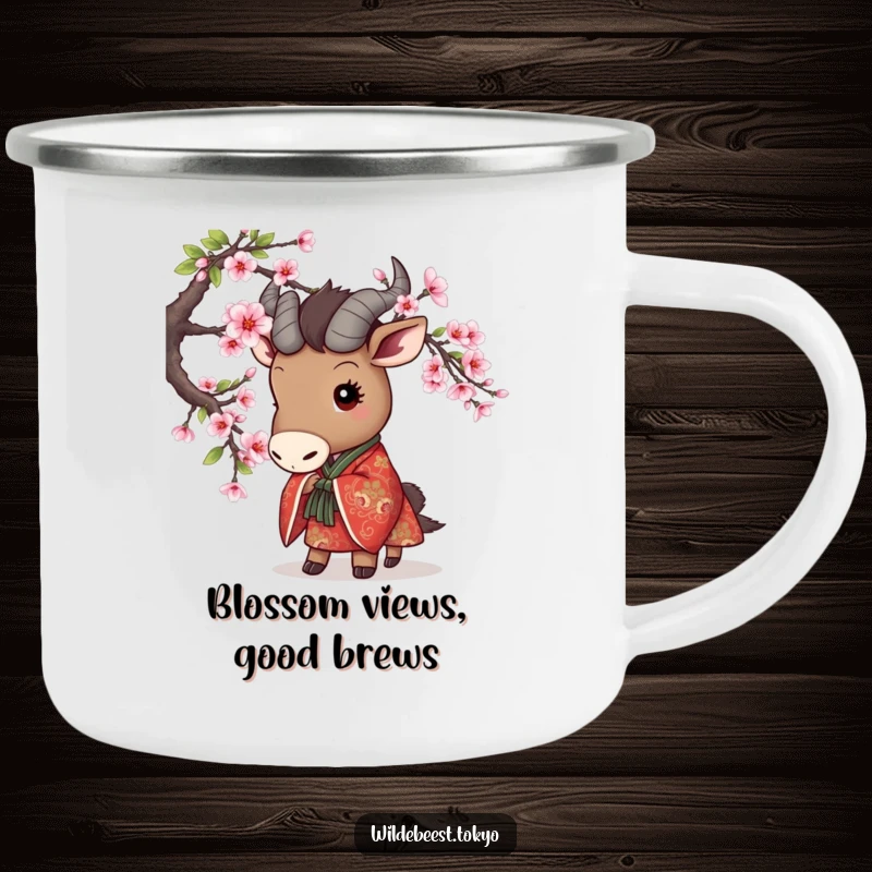 Funny camping mug showing a cute wildebeest in an embroidered kimono playfully peeking from behind a cherry blossom branch, great for outdoors.