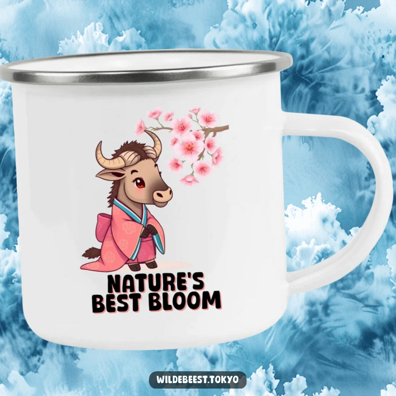 Funny wildebeest in a kimono, observing a cherry blossom, a peaceful and humorous addition to this camping mug.