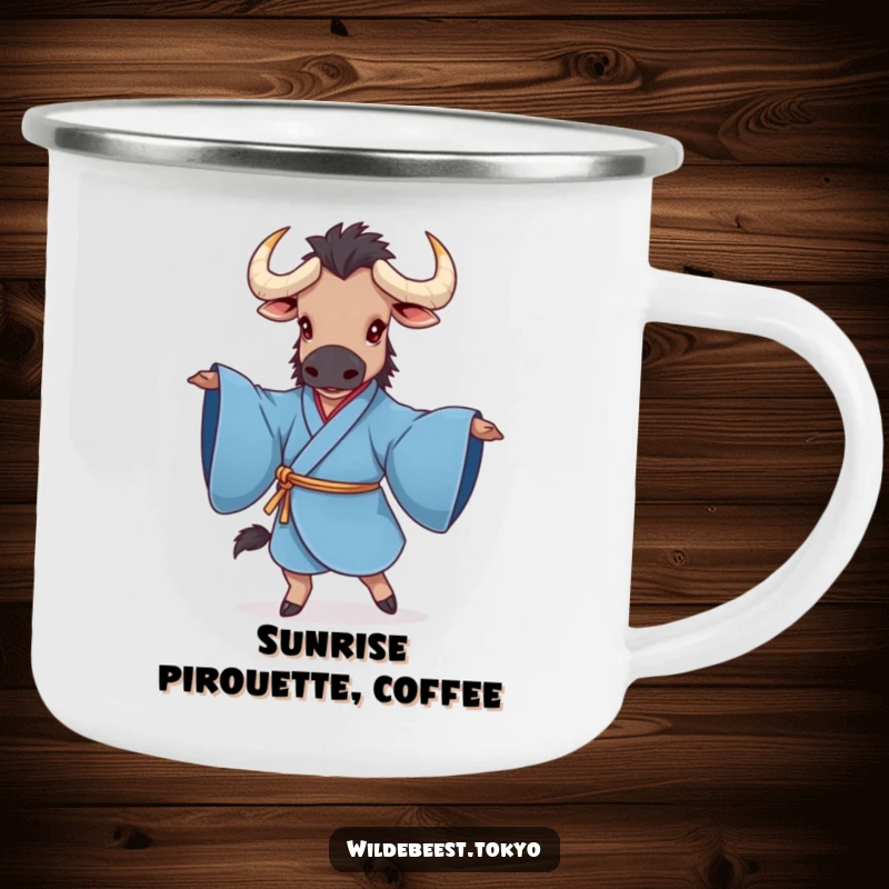 Funny camping mug showing a charming wildebeest in a blue kimono, gracefully twirling with sleeves extended, perfect for outdoor adventures.