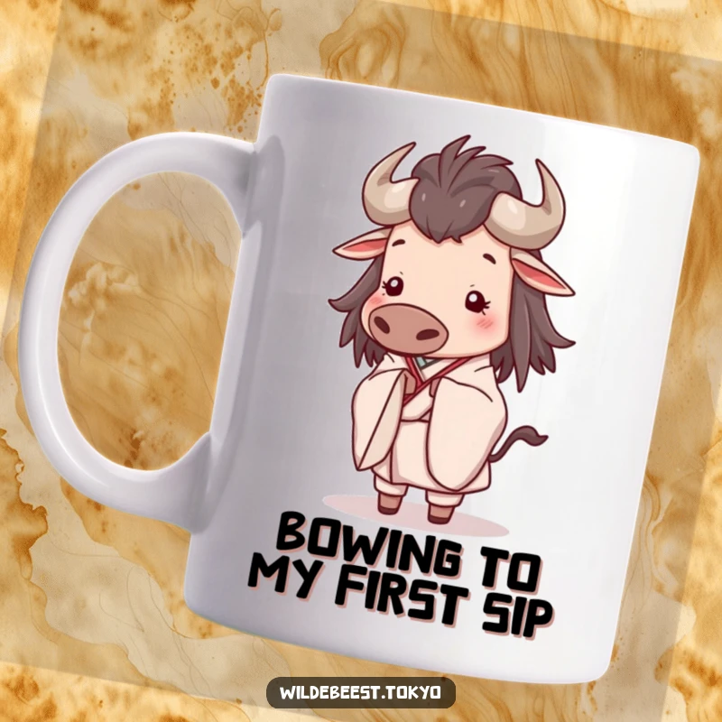 Funny mug showing a happy wildebeest in an elegant, flowing kimono bowing slightly with a serene, peaceful expression.