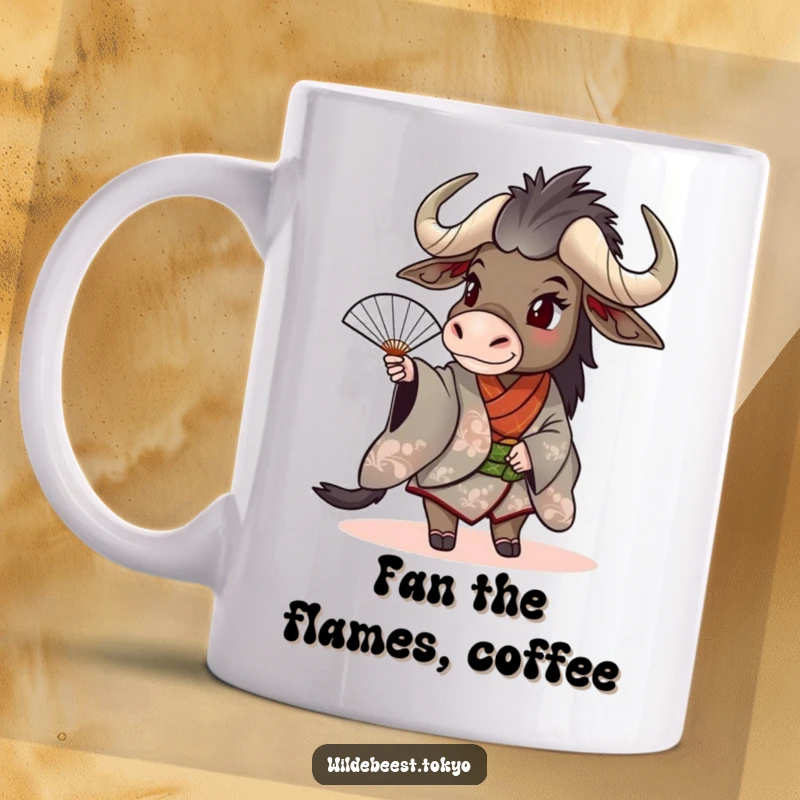 Funny wildebeest in a stylish kimono playfully spinning a fan, radiating joy and lively energy on this mug.