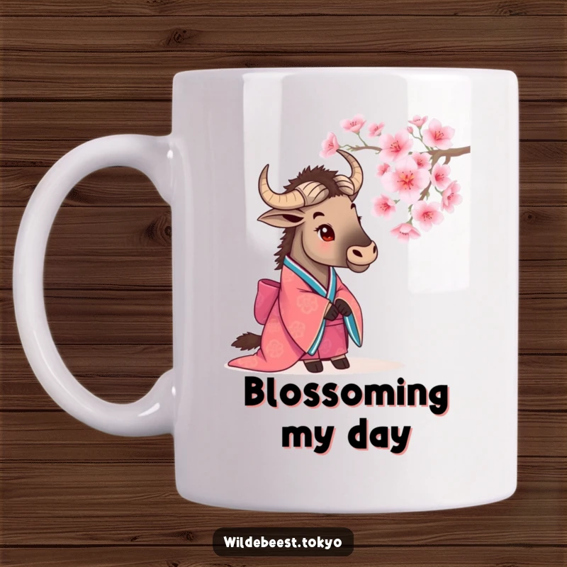 Funny wildebeest in a vibrant kimono peacefully observing a blooming cherry blossom, creating a serene scene on this mug.