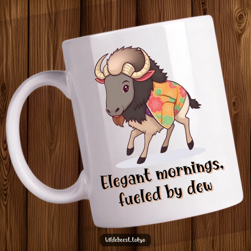 Funny mug showcasing a fluffy wildebeest elegantly stepping in a vibrant, patterned kimono, exuding serene sophistication.