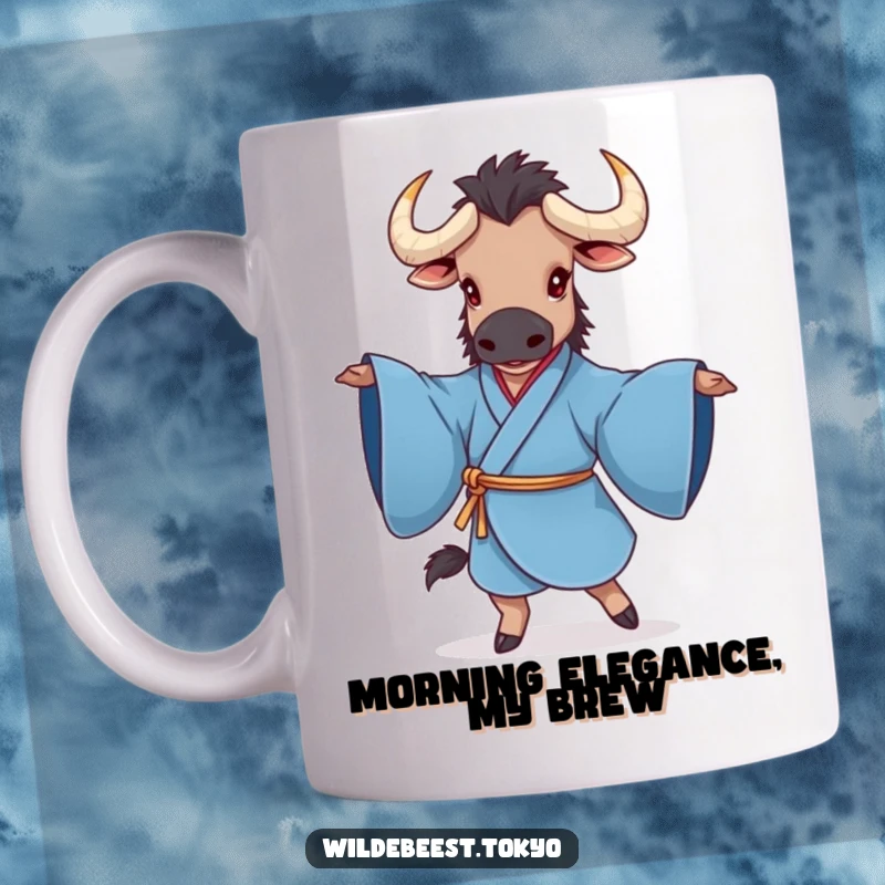 Funny mug showcasing a charming wildebeest gracefully twirling in a blue kimono, sleeves extended in a ballet pose, radiating pure joy.
