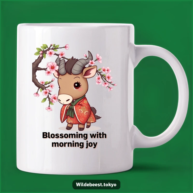 Funny Wildebeest Peek Mug - Cherry Blossom Kimono Cute Gift