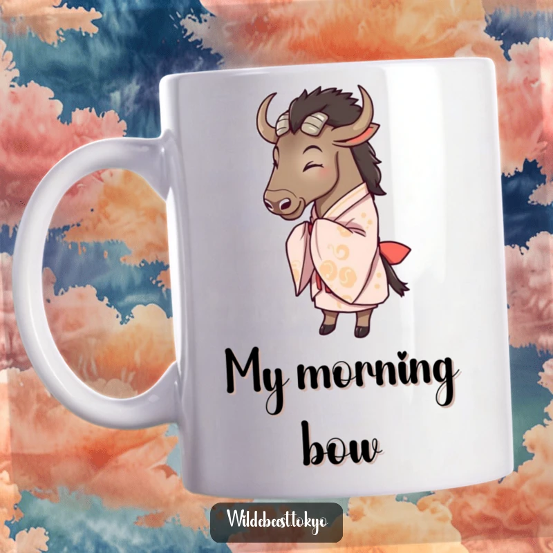 Funny wildebeest in a patterned kimono happily bowing with grace, radiating calm and good humor on this mug.