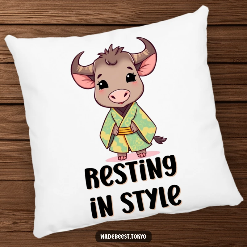 Funny pillow: cute wildebeest in a vibrant, ornate kimono, smiling gracefully, perfect for adding sophisticated comfort.