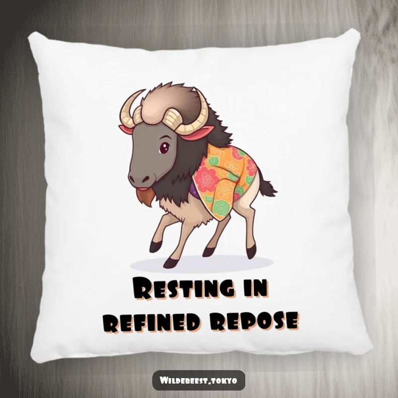 Funny pillow with a fluffy wildebeest in a vibrant kimono, mid-graceful step, adding a touch of elegance and humor.