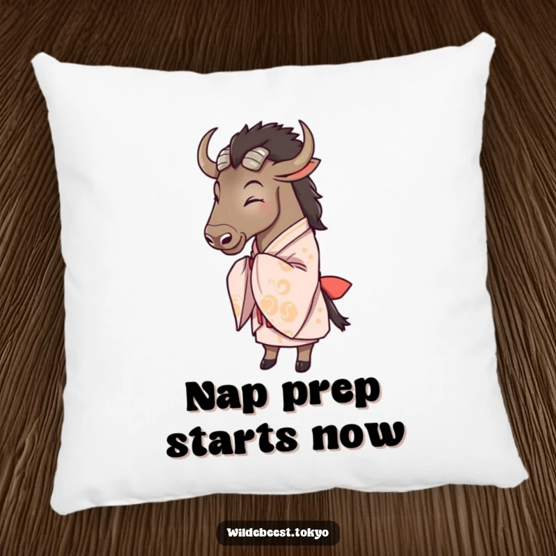 Funny wildebeest in a beautiful kimono executing a graceful bow, bringing a touch of humor to this decorative pillow.