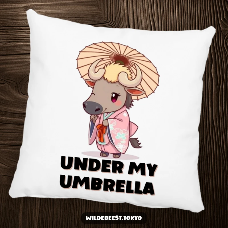 Funny wildebeest in an elegant kimono holding a decorative umbrella, bringing sophisticated charm to this pillow.