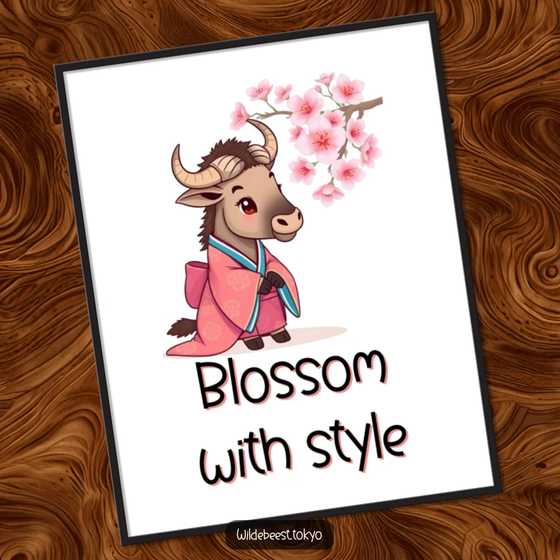 Funny wildebeest in a kimono, observing a blooming cherry blossom, a serene and humorous digital art piece.