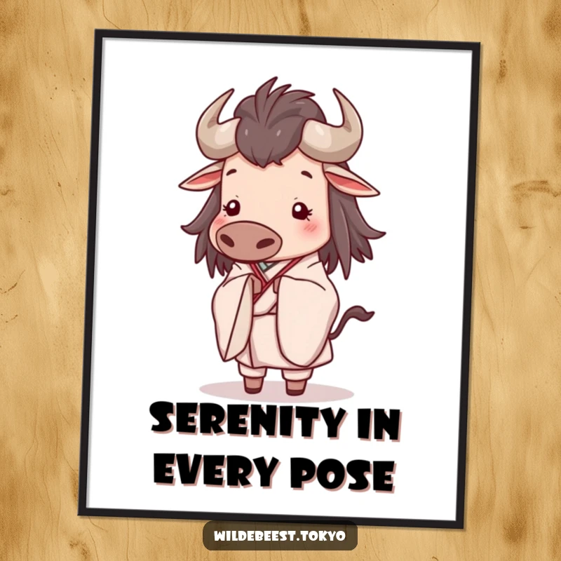 Funny digital art print of a happy wildebeest in an elegant kimono, bowing slightly with a serene, peaceful expression.