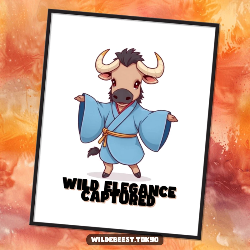 Funny digital art print of a charming wildebeest gracefully twirling in a blue kimono, sleeves extended, ready for instant download and display.