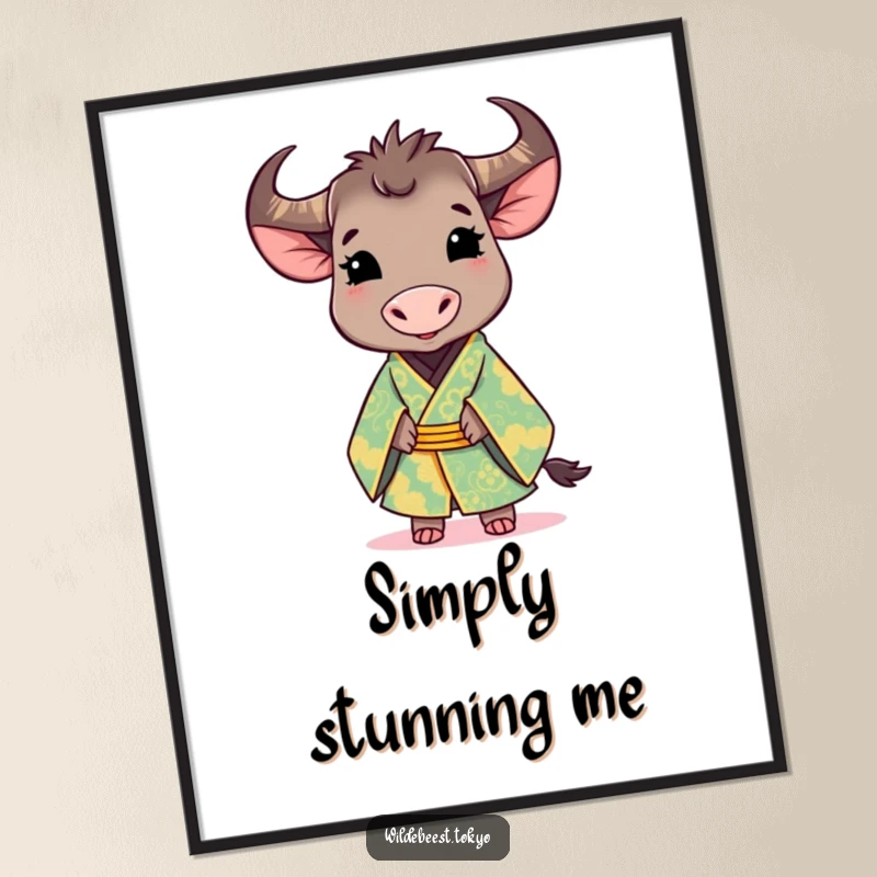 Funny digital art print: cute wildebeest wearing a brightly colored, ornate kimono, smiling gracefully, offering elegant visual appeal.