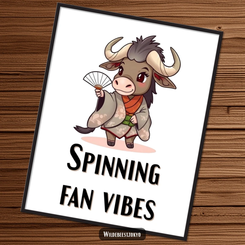 Funny wildebeest in a kimono, playfully spinning a decorative fan, capturing dynamic energy in this art print.