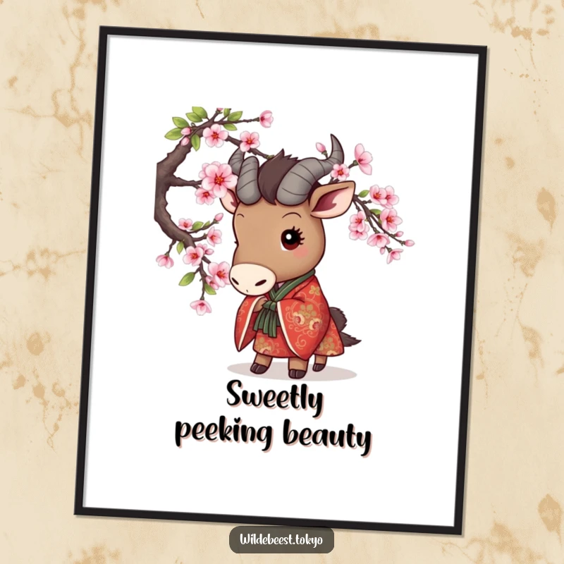Funny digital art print of a cute wildebeest in an embroidered kimono playfully peeking from behind a cherry blossom branch, adorable.