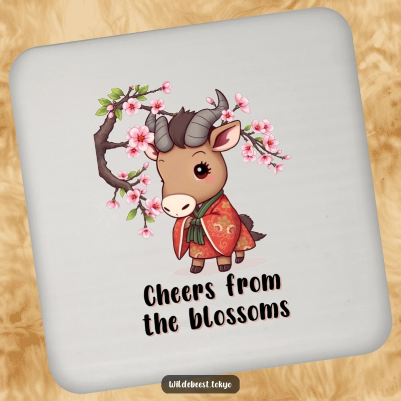 Funny drink coaster with a cute wildebeest in an embroidered kimono playfully peeking from behind a cherry blossom branch, very cute.