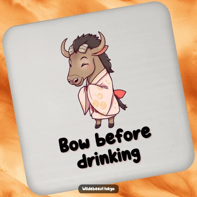 Funny wildebeest in an elegant kimono bowing politely, adding a humorous touch to this protective drink coaster.