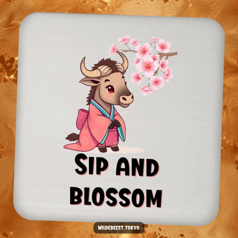 Funny wildebeest in a kimono, observing a cherry blossom, a peaceful and humorous touch on this drink coaster.