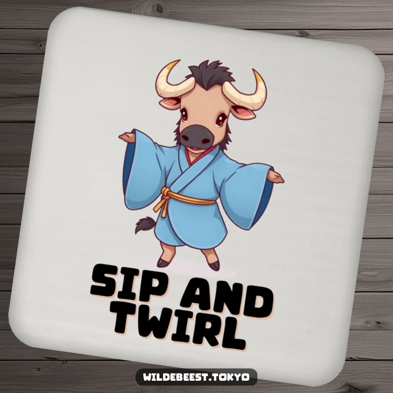 Funny coasters featuring a charming wildebeest in a blue kimono, gracefully twirling with sleeves extended, protecting surfaces with humor.