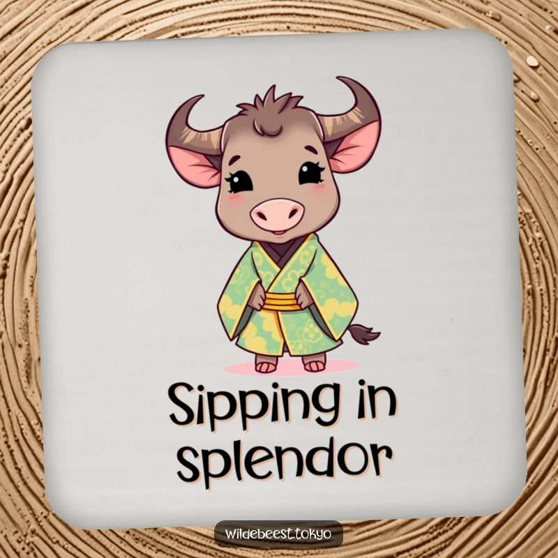 Funny coasters: cute wildebeest in a brightly colored, ornate kimono, smiling gracefully, perfect for elegant surface protection.