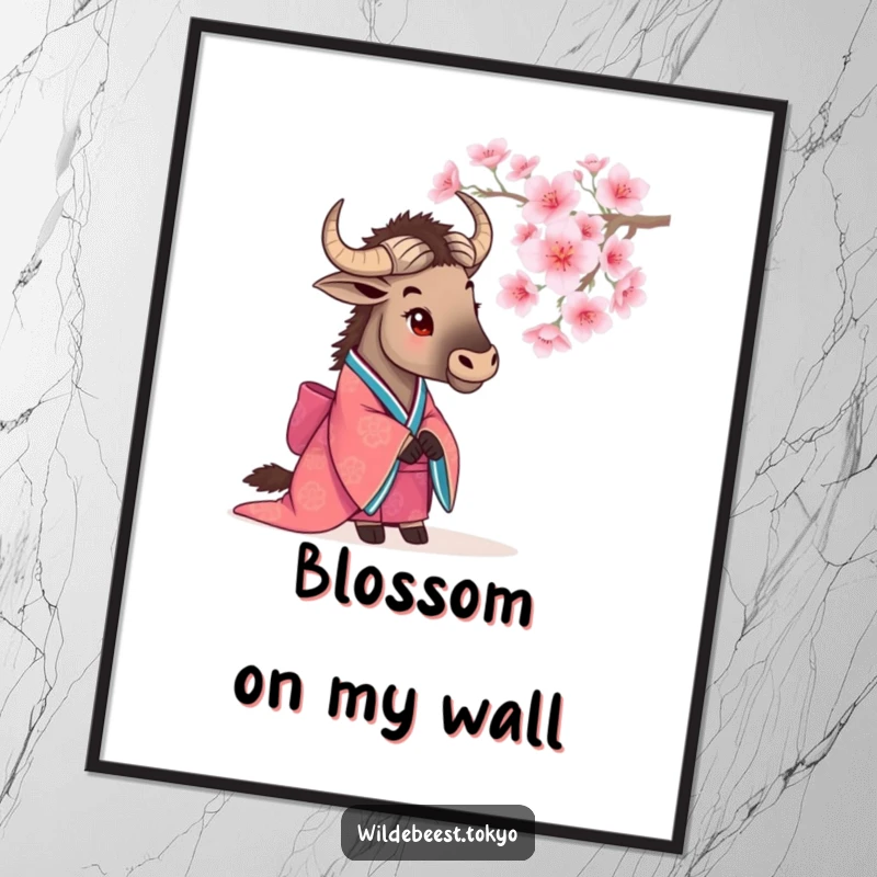 Funny wildebeest in a vibrant kimono observing a blooming cherry blossom, a serene and humorous piece of art.