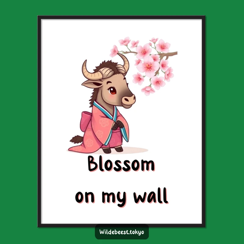 Funny Wildebeest Cherry Blossom Poster: Wall Art for Tranquil Laughs