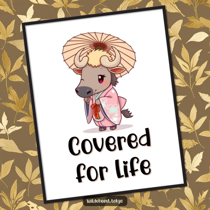 Funny wildebeest in an elegant kimono holding a decorative umbrella, creating a sophisticated and humorous art piece.