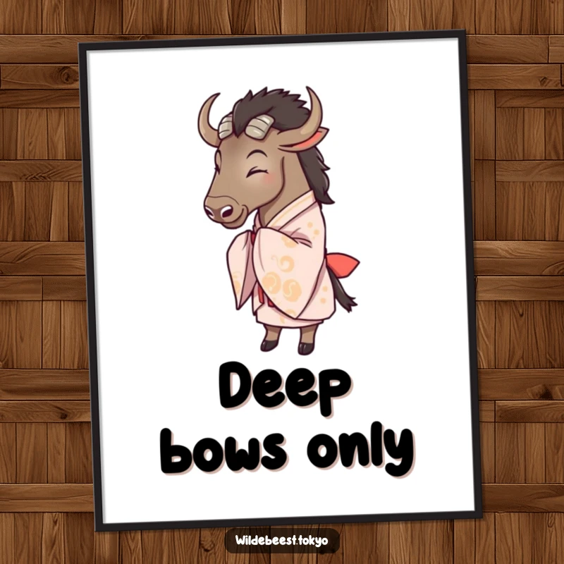 Funny wildebeest in a flowing kimono, depicted in a happy, respectful bow, adding charm to wall art.