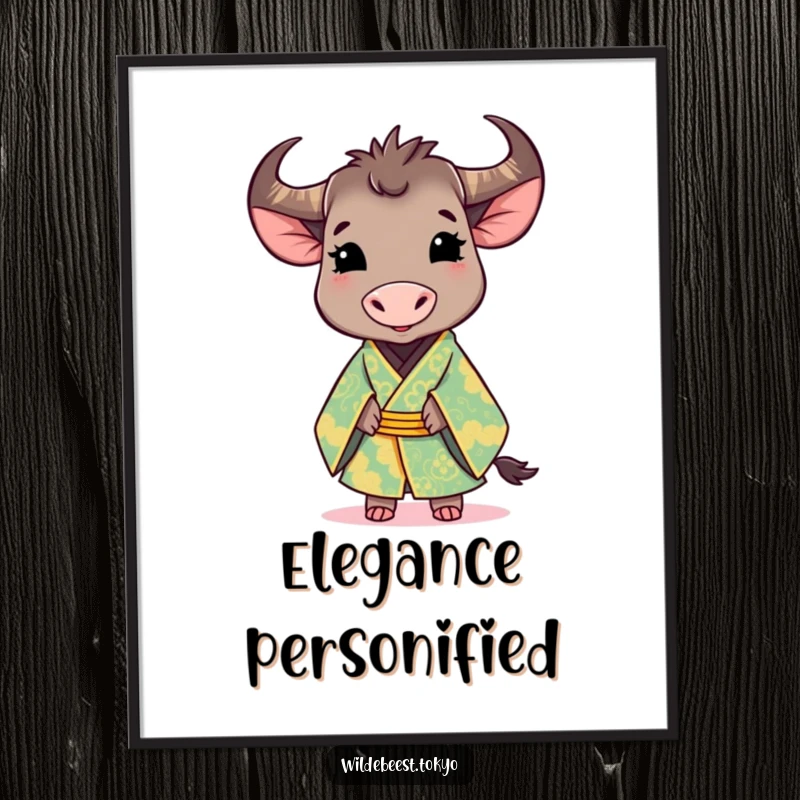 Funny poster: cute wildebeest wearing a brightly colored, ornate kimono, smiling gracefully, showcasing artistic charm.