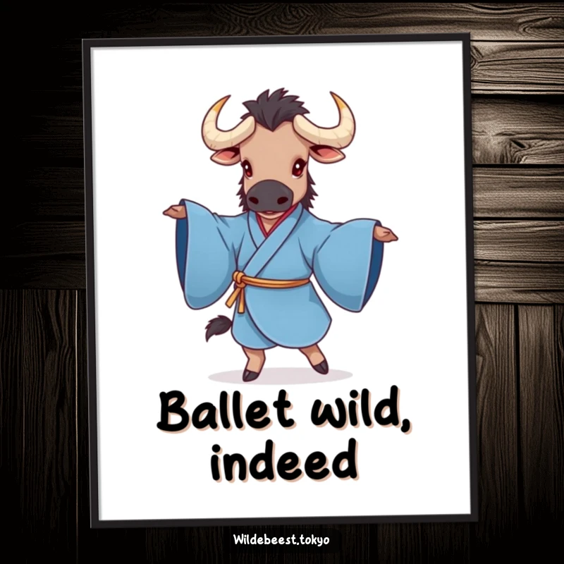 Funny poster displaying a charming wildebeest in a blue kimono, performing an elegant twirl with sleeves outstretched, adding joy to any wall.