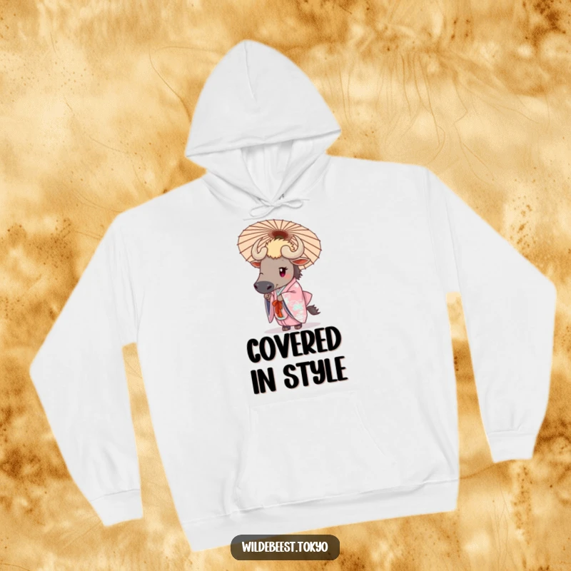 Funny wildebeest in an elegant kimono, holding a decorative umbrella, adding a stylish touch to this hoodie.