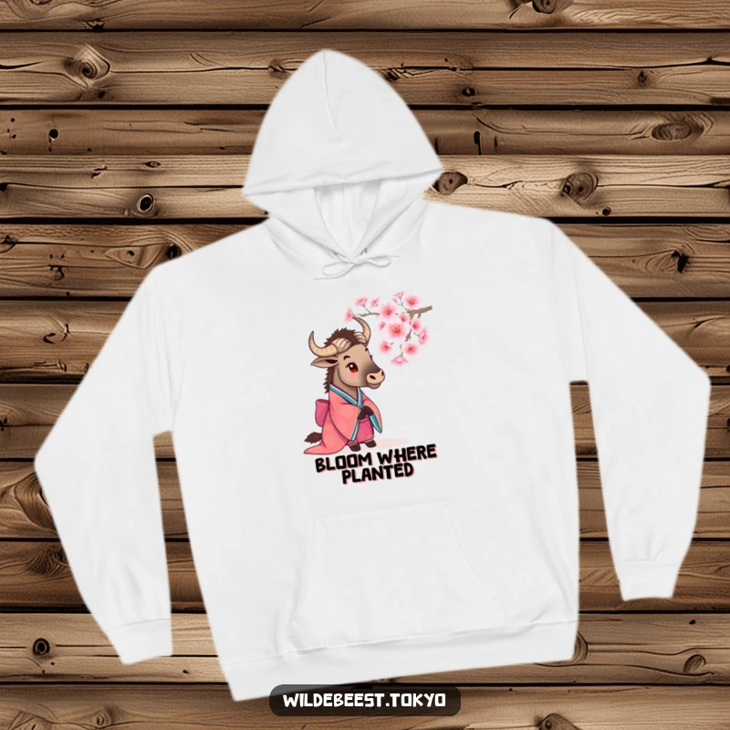Funny wildebeest in a vibrant kimono observing a delicate cherry blossom, evoking peace on this hoodie.