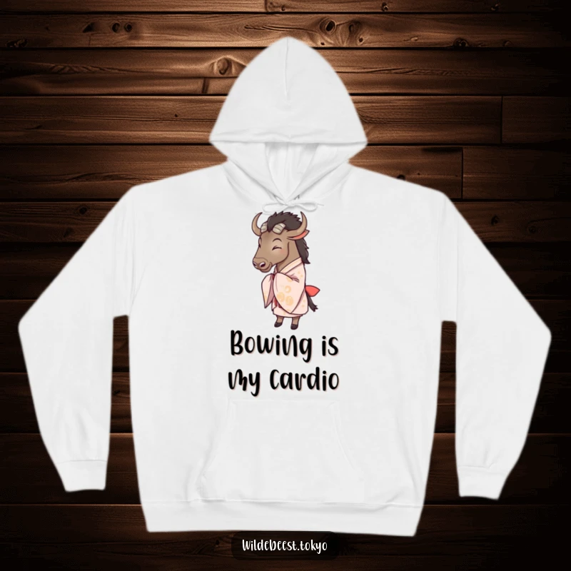 Funny wildebeest in a stylish kimono, captured mid-bow with a cheerful expression on this warm hoodie.