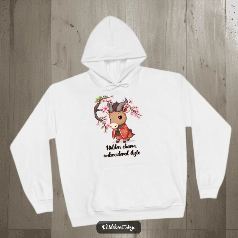 Funny hoodie depicting a cute wildebeest in an embroidered kimono, playfully peeking from behind a cherry blossom branch, full of charm.