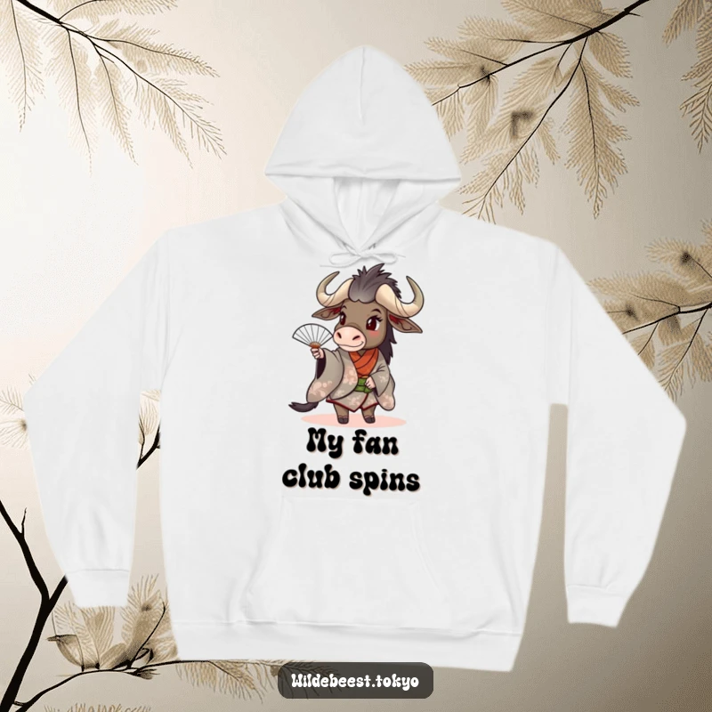 Funny wildebeest adorned in a kimono, playfully twirling a fan, creating a sense of motion on this hoodie.