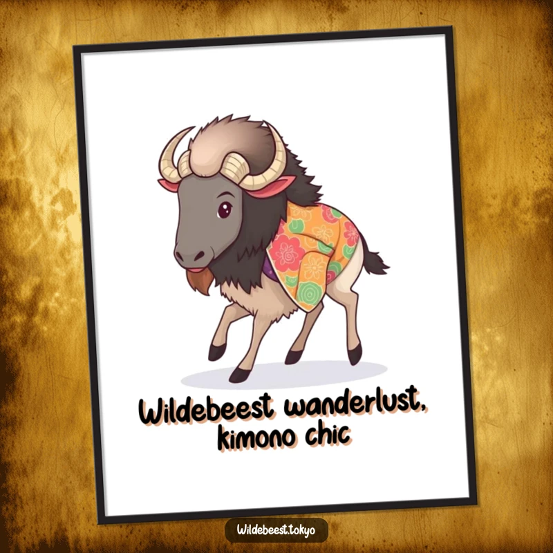 Funny Free Printable Wall Art: A fluffy wildebeest gracefully steps forward in a vibrant patterned kimono.