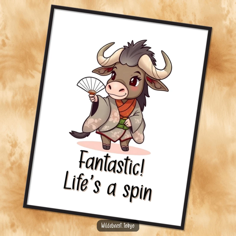 Funny Free Printable Wall Art: A wildebeest in a stylish kimono playfully spins a fan. Vibrant downloadable art for home.