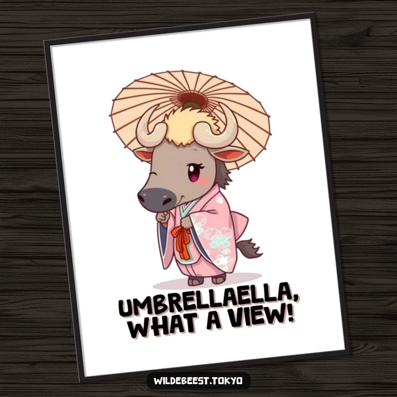 Funny Free Printable Wall Art: A wildebeest in an elegant kimono holds a decorative umbrella. Sophisticated downloadable art for your home.