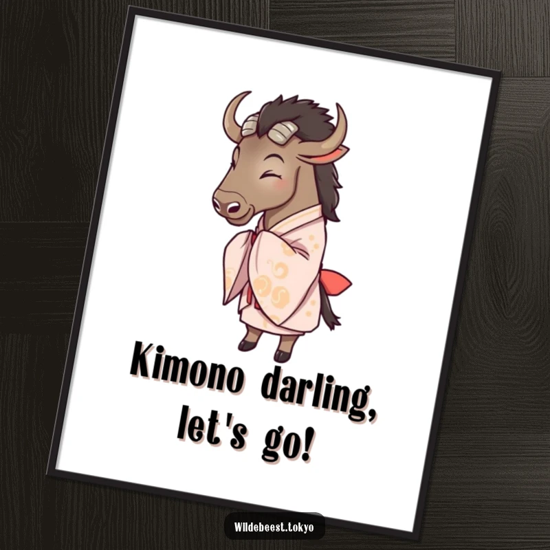 Funny Free Printable Wall Art: A polite wildebeest in a flowing kimono bows gracefully. Whimsical downloadable art for your walls.