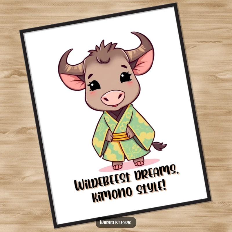 Funny Free Printable Wall Art: A cute wildebeest in a brightly colored, ornate kimono smiles gracefully, adding charm.