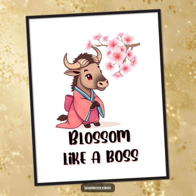 Funny Free Printable Wall Art: A serene wildebeest in a vibrant kimono observes blooming cherry blossoms. Tranquil downloadable art.