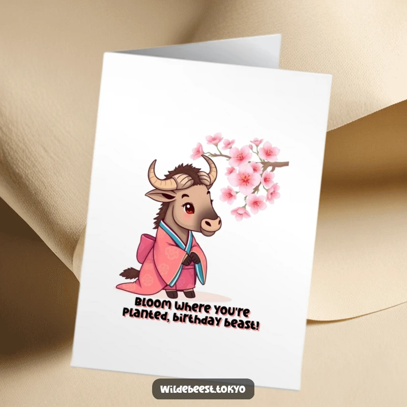 Funny Free Printable Birthday Card: A wildebeest in a vibrant kimono admires a cherry blossom. A tranquil, downloadable birthday wish.